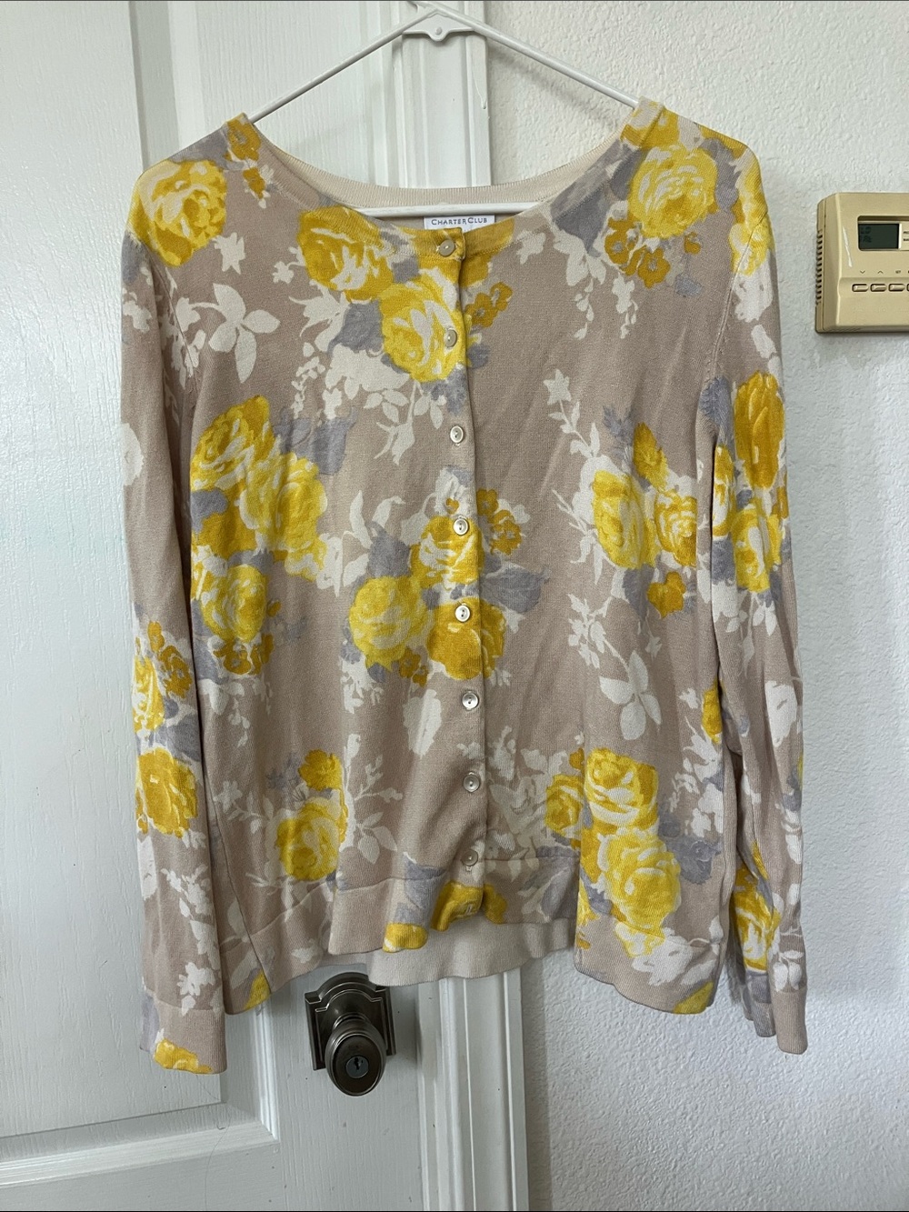 Charter Club Beige Floral Button-Front Women's Cardigan with Yellow Roses XL